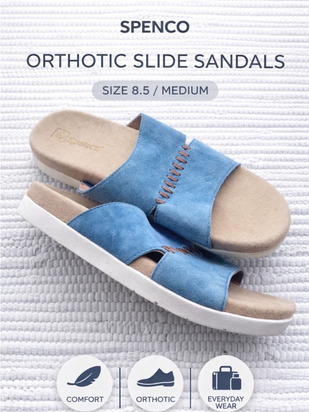 Spenco Orthotic Slide Sandals Sz 8.5 Blue Suede Comfort Support